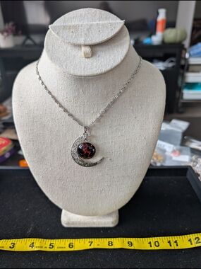 Silver Crescent Moon Pendant Necklace with Black and Red Glass Cabochon